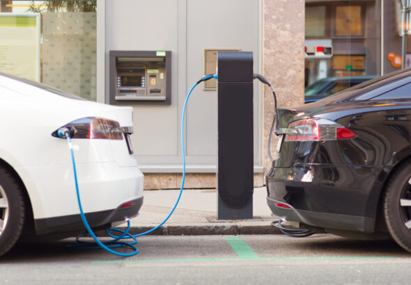Electric Cars in Charging Station.